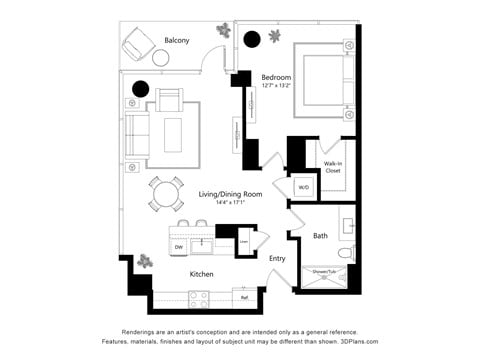 Floor plan for 1 bed, 1 bath, 847 sqft